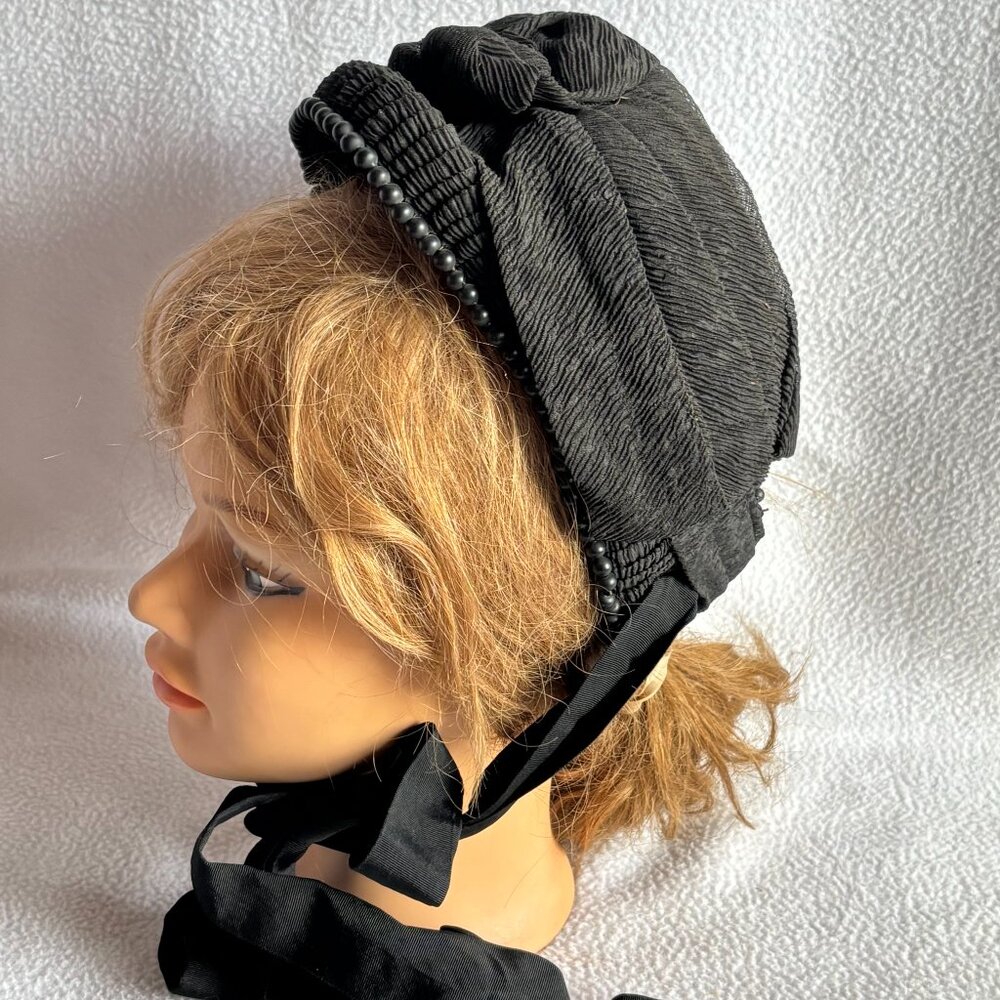 Antique Victorian Black Crepe Beaded Ruched Bonnet - Picture 7 of 15